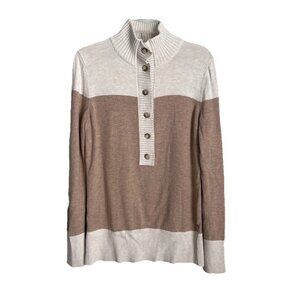 Eddie Bauer Beige Cream Color Block High Neck Henley Sweater Women's